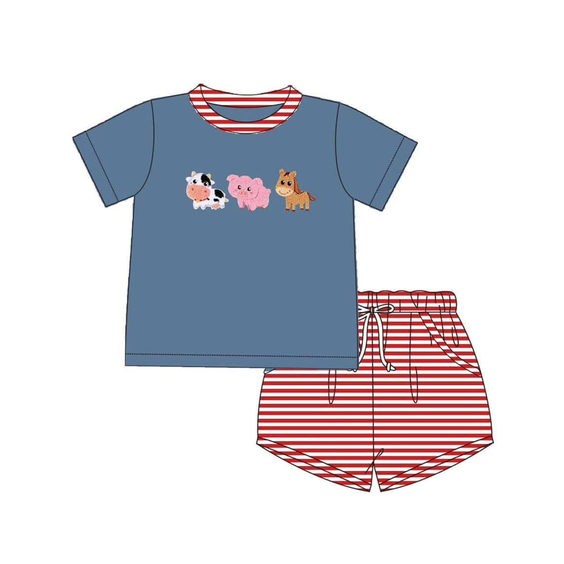 preorderBSSO1295 Farm cow pig horse blue short sleeve red striped shorts boys set