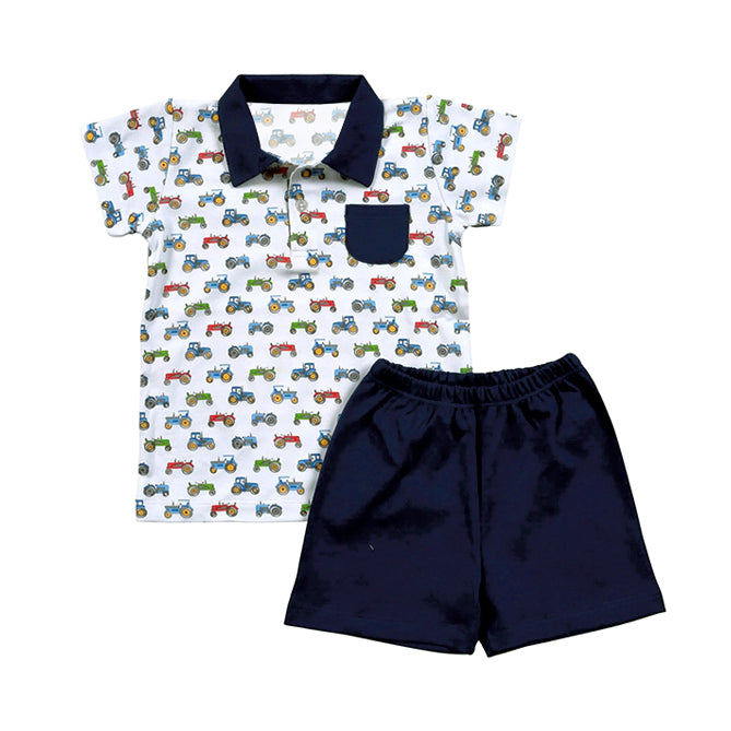 preorder BSSO1298 Farm tractor pocket short sleeve navy blue shorts boys set