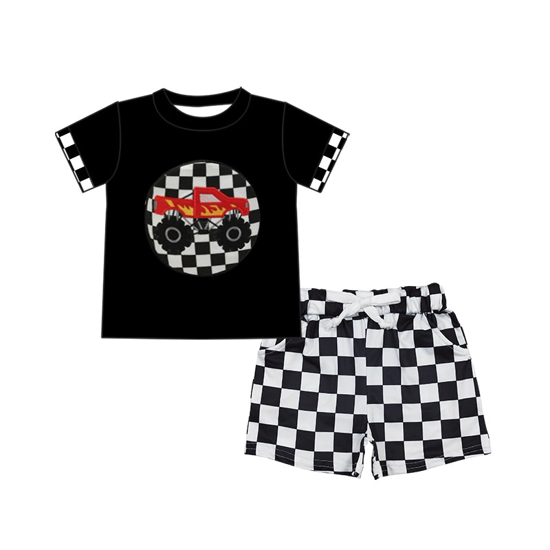 preorder BSSO1306 car truck black short sleeve black checkered shorts boys set