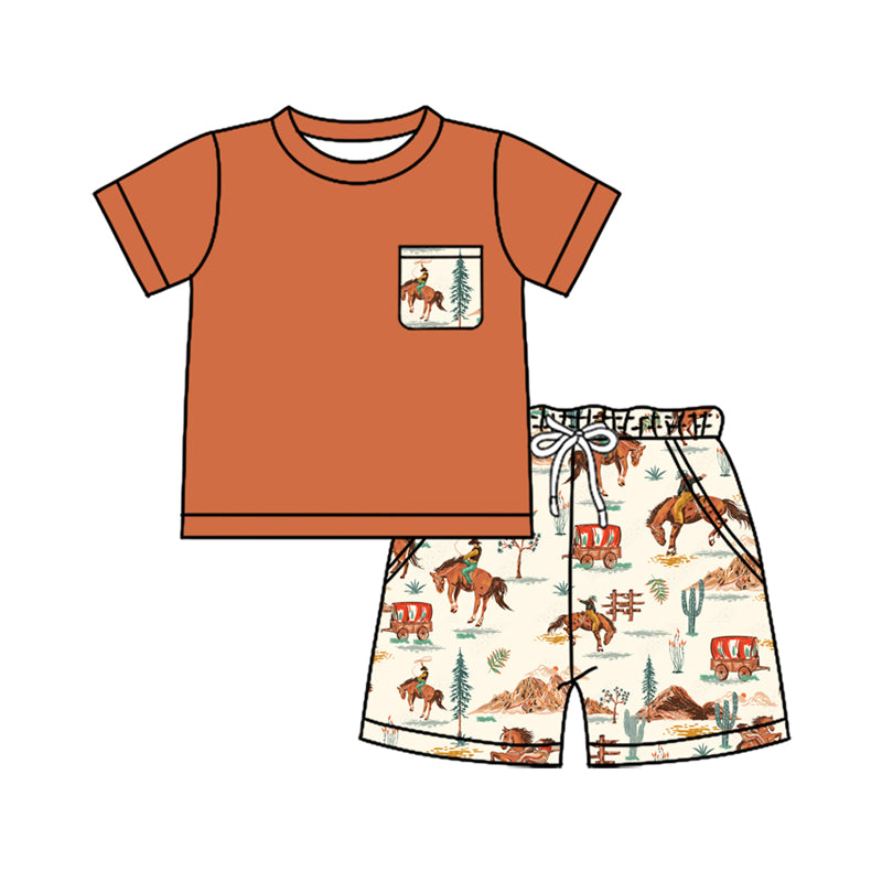 preorder BSSO1320 Western rodeo orange pocket short sleeve shorts boys set
