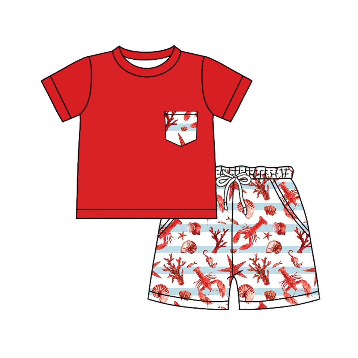 preorder BSSO1322 shell crayfish red pocket short sleeve shorts boys set