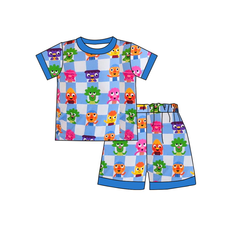 preorder BSSO1325 colorful cartoon animals blue checkered short sleeve shorts boys set