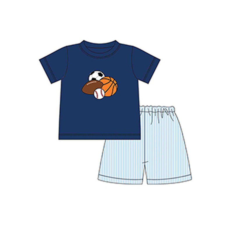 preorder BSSO1333 ball basketball baseball navy blue short sleeve blue striped shorts boys set