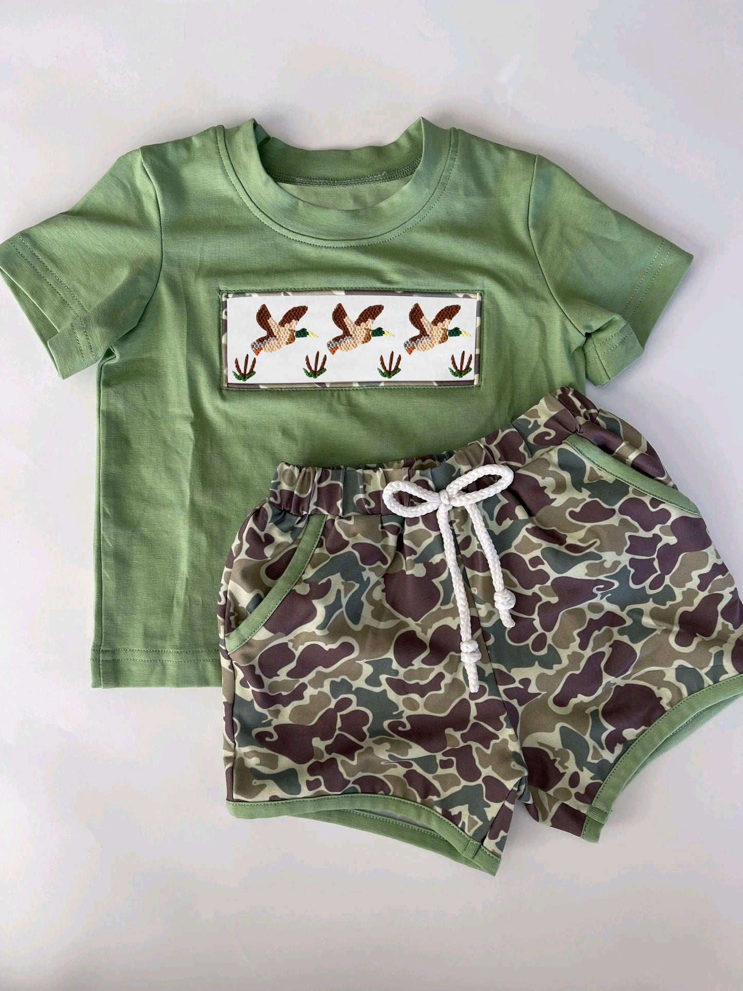 preorder BSSO1337 hunting mallard duck green short sleeve camo shorts boys set
