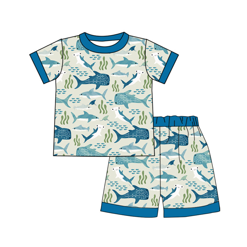 preorder BSSO1339 cartoon whale blue short sleeve shorts boys pajamas