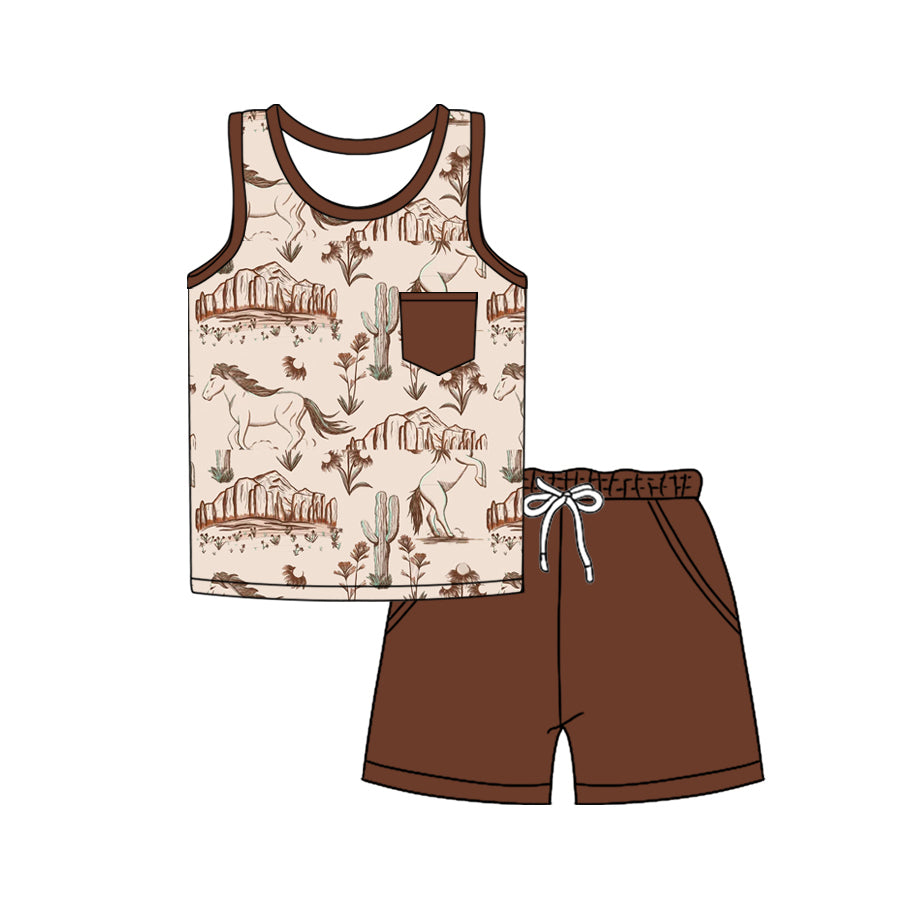 preorder BSSO1341 Western rodeo cactus pocket sleeveless brown shorts boys set