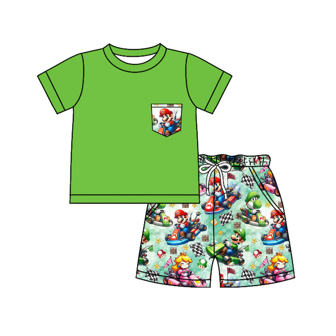 preorder BSSO1352 cartoon brother green pocket short sleeve shorts boys set