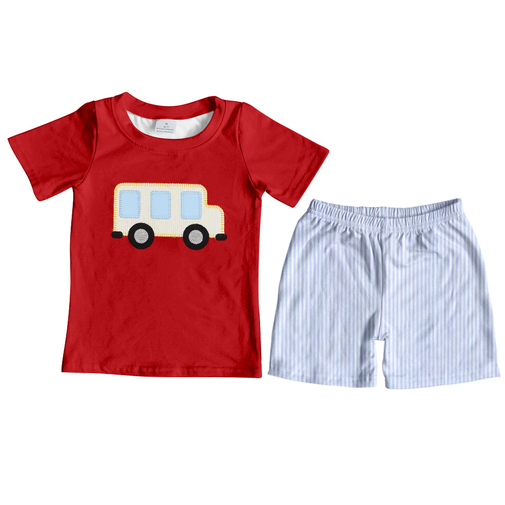 preorder BSSO1360 back to school bus red short sleeve blue shorts boys set