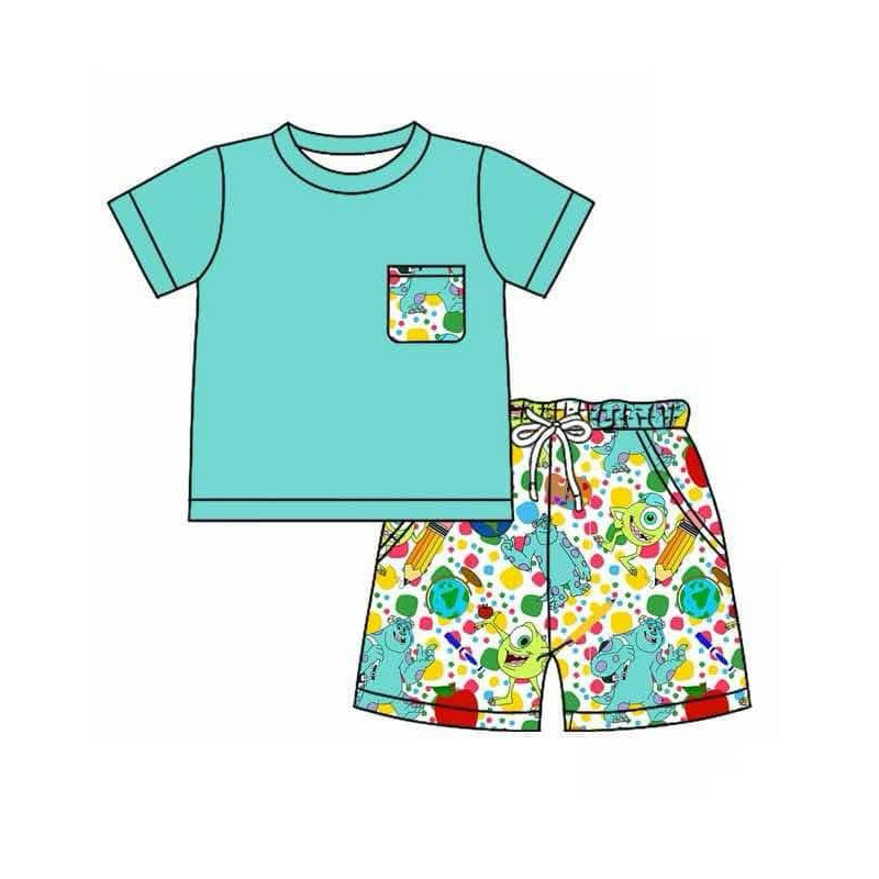 preorder BSSO1362 cartoon monster blue pocket short sleeve shorts boys set