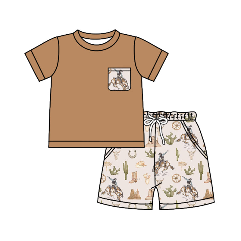 preorder BSSO1372 Western rodeo brown pocket short sleeve shorts boys set