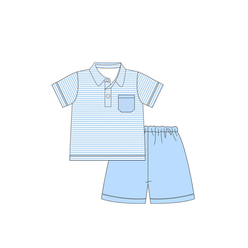 preorder BSSO1392 blue striped pocket short sleeve blue shorts boys set