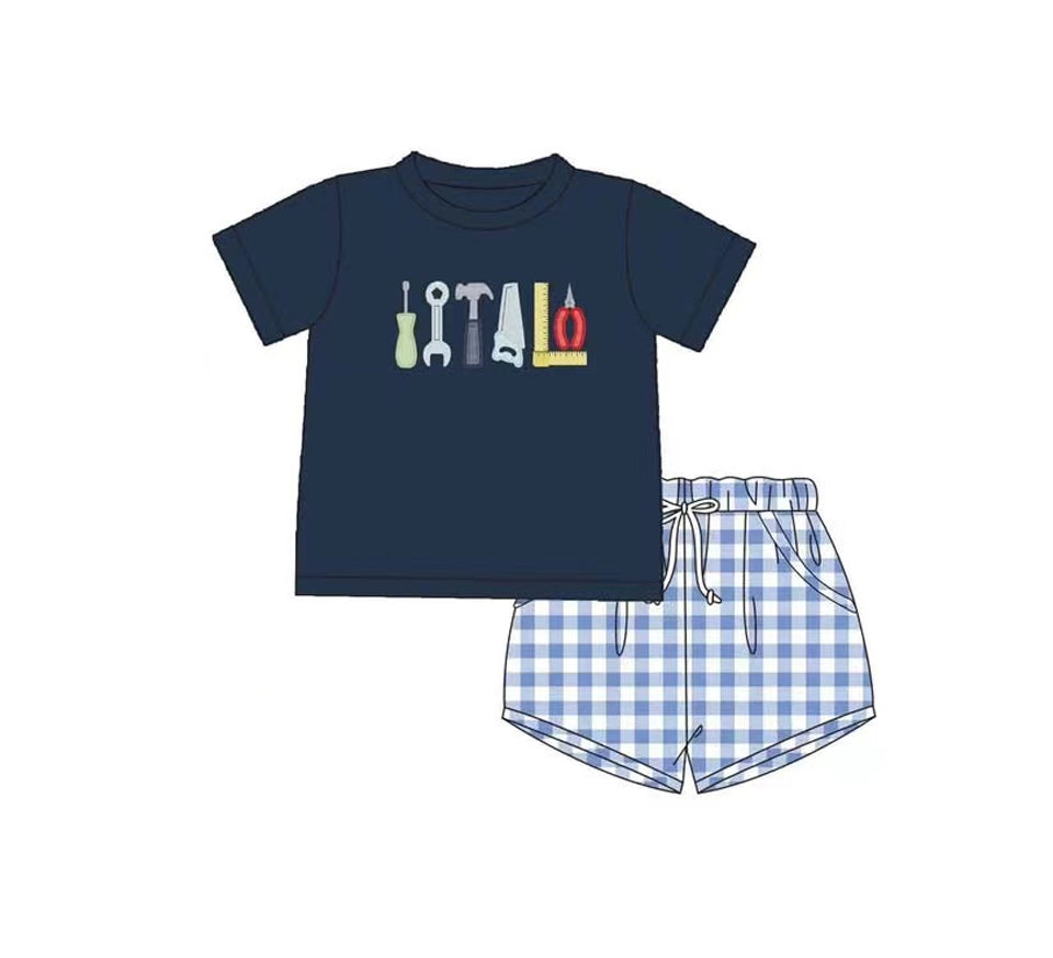preorder BSSO1394 cartoon tool navy blue short sleeve blue checkered shorts boys set
