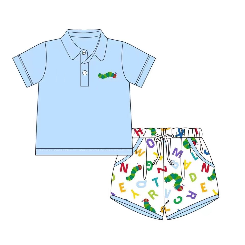 preorder BSSO1396 caterpillar blue short sleeve shorts boys set
