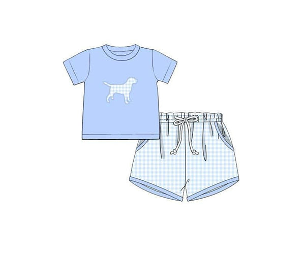 preorder BSSO1398 cute dog blue short sleeve checkered shorts boys set