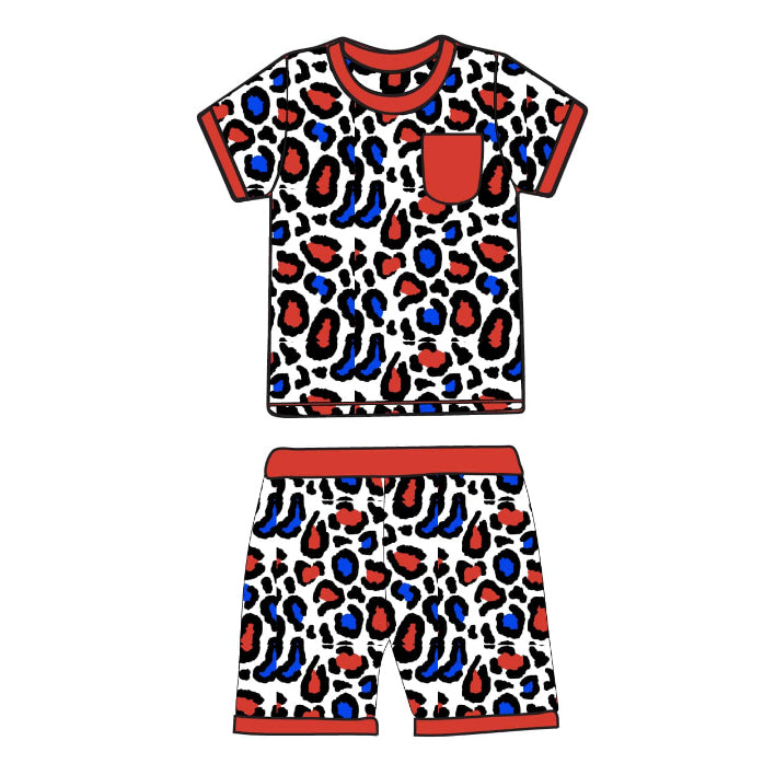 preorder BSSO1402 July 4th blue red leopard pocket short sleeve shorts boys pajamas