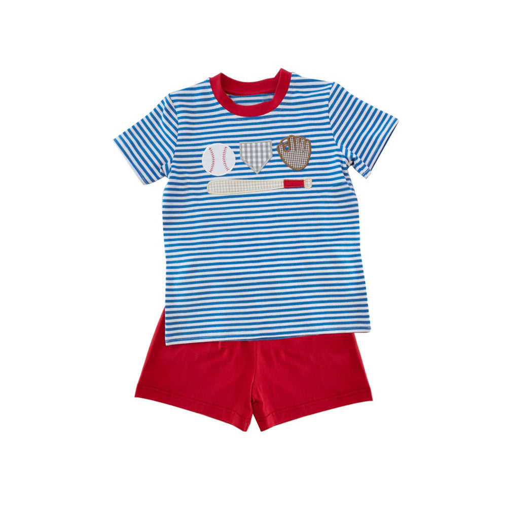 preorder BSSO1406 Baseball blue striped short sleeve red shorts boys set