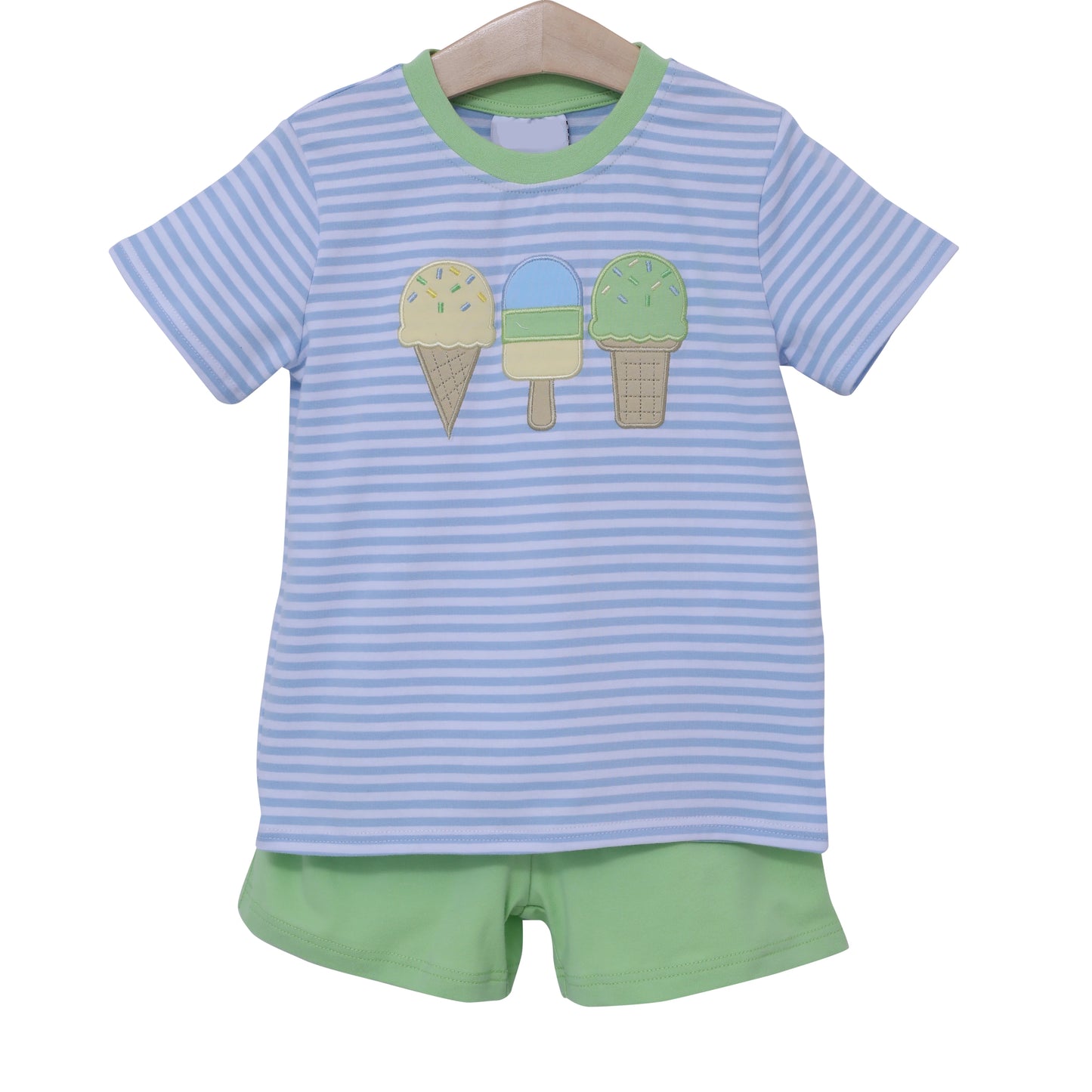 preorder BSSO1407 ice blue striped short sleeve green shorts boys set