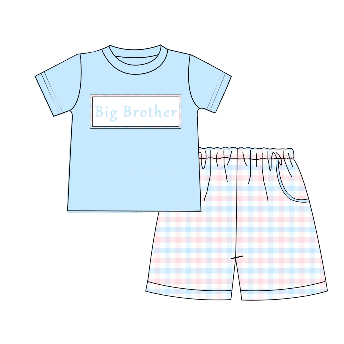 preorder BSSO1408 big brother blue short sleeve pink blue checkered shorts boys set