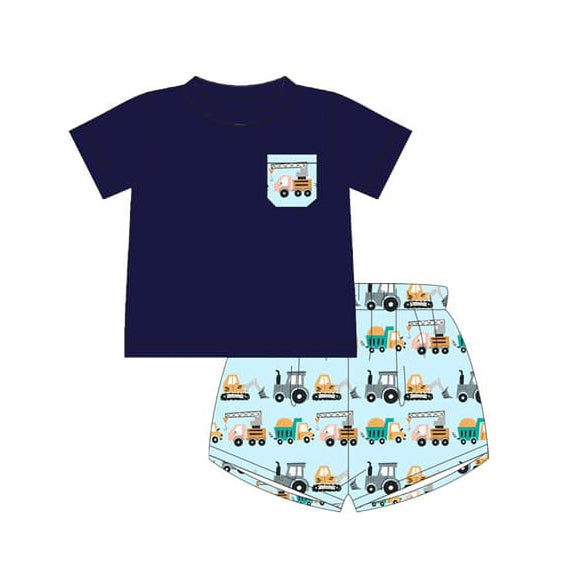 preorder BSSO1414 construction truck navy blue pocket short sleeve shorts boys set