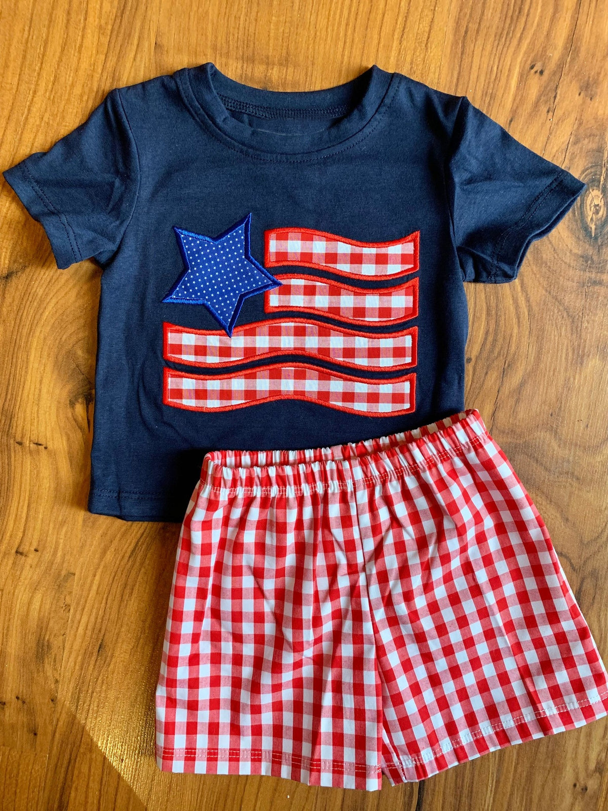 preorder BSSO1419 July 4th flag star navy blue short sleeve red checkered shorts boys set