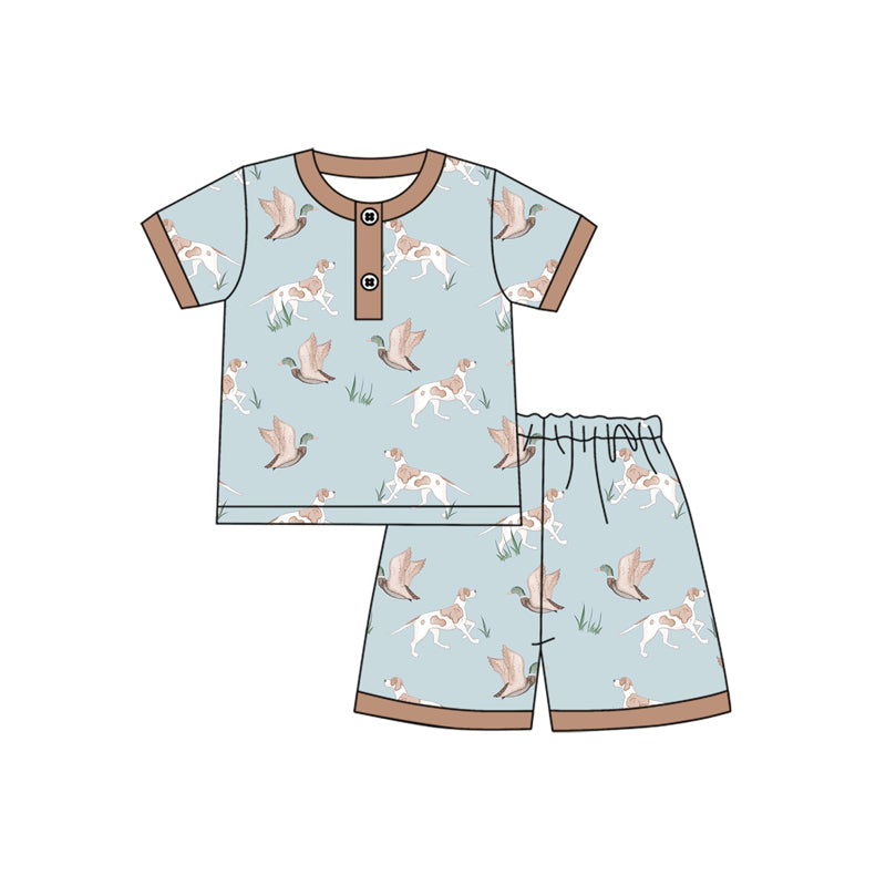 preorder BSSO1421 hunting dog mallard duck brown blue short sleeve shorts boys pajamas