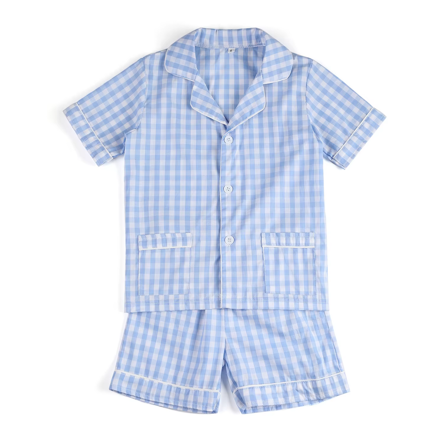 preorder BSSO1446 blue checkered pockets short sleeve shorts boys set