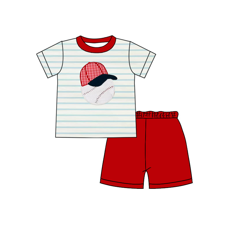 preorder BSSO1448 play baseball hat striped short sleeve red shorts boys set