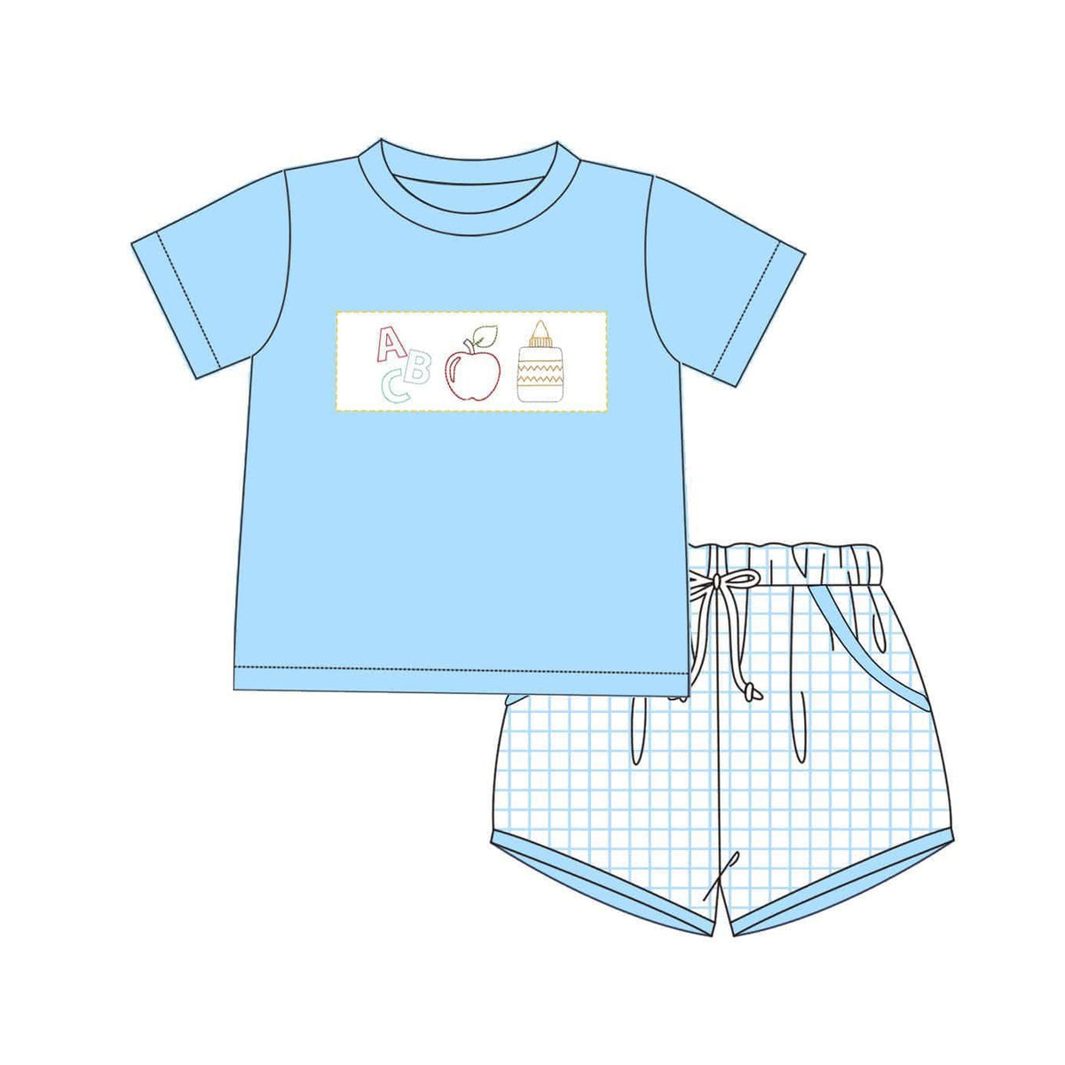 preorder BSSO1463 back to school ABC apple blue short sleeve checkered shorts boys set