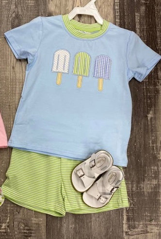 preorder BSSO1464 ice blue short sleeve green striped shorts boys set