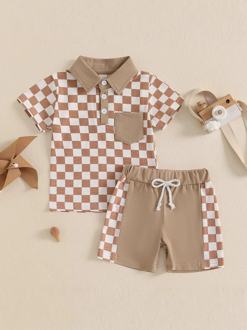 preorder BSSO1471 khaki checkered pocket short sleeve shorts boys set
