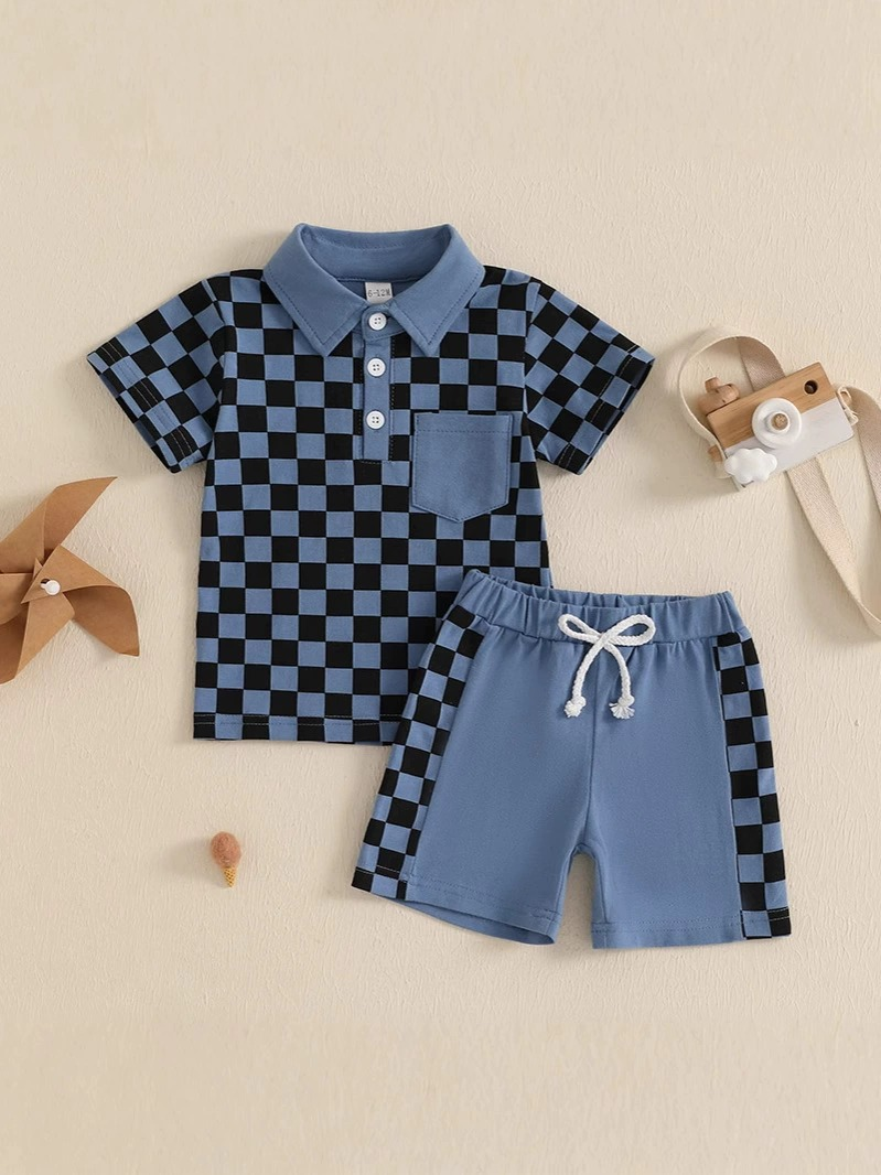 preorder BSSO1472 naby blue/black checkered pocket short sleeve shorts boys set