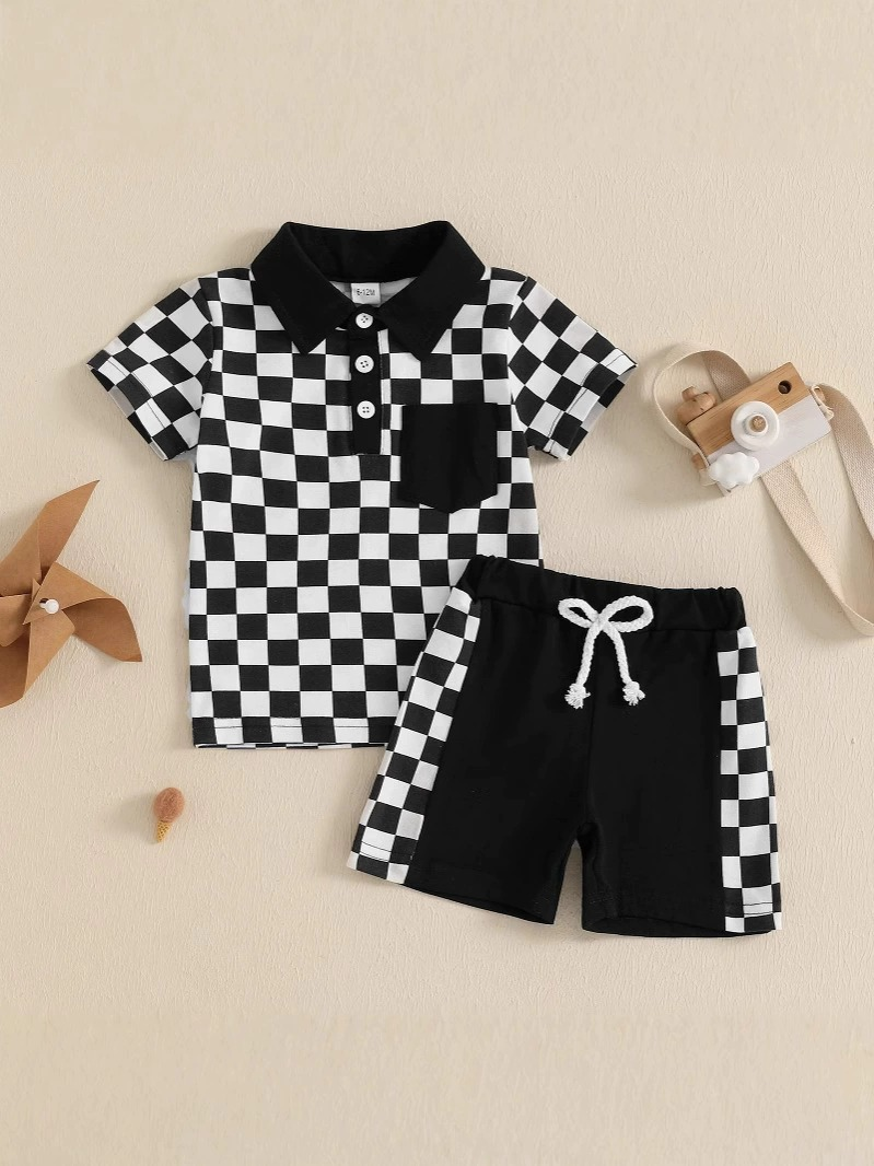 preorder BSSO1473 black checkered pocket short sleeve shorts boys set