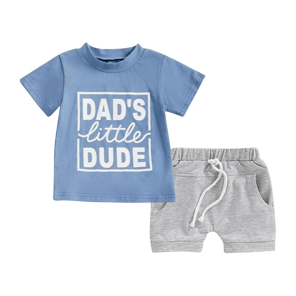 preorder BSSO1476 dad's little dude blue short sleeve grey shorts boys set