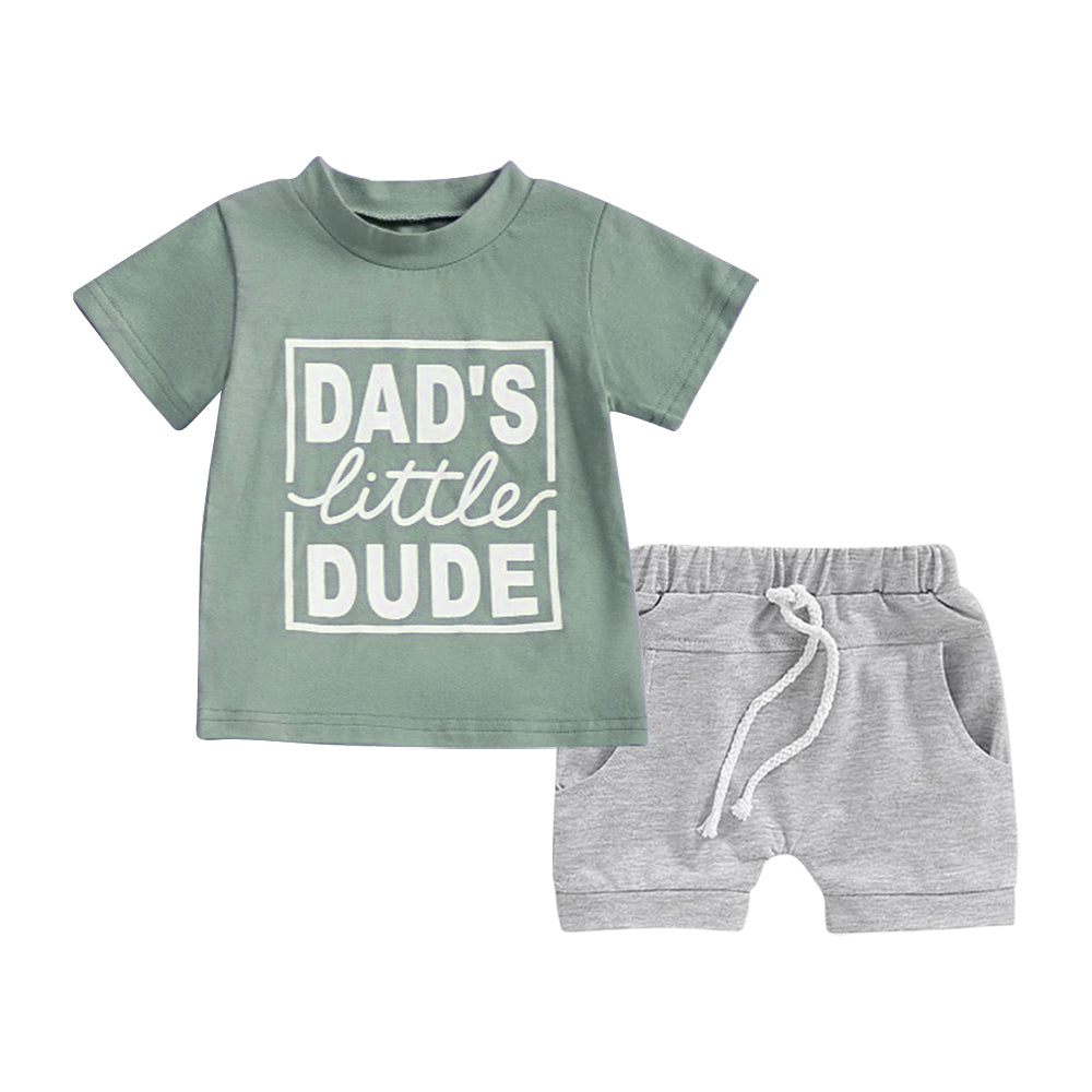 preorder BSSO1477 dad's little dude green short sleeve grey shorts boys set
