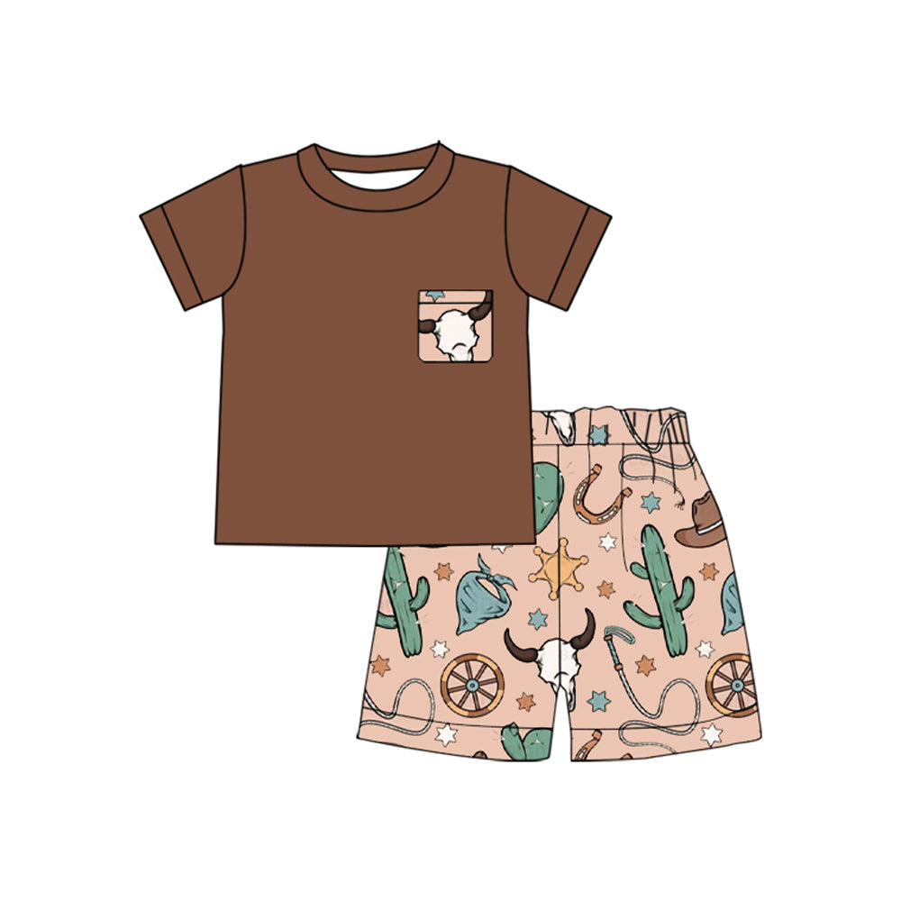 preorder BSSO1487 Western brown pocket short sleeve cow cactus shorts boys set