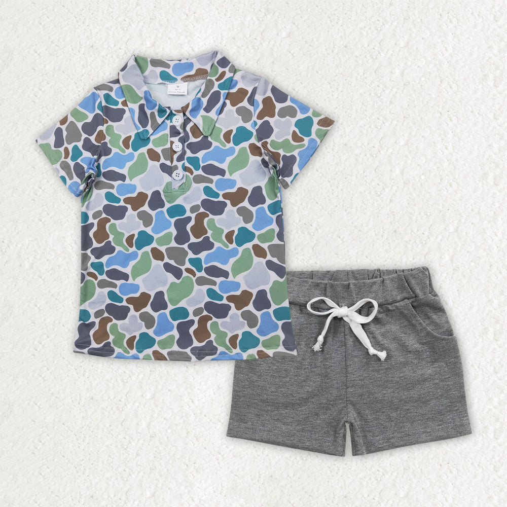 BSSO1491 hunting blue green camo short sleeve grey shorts boys set