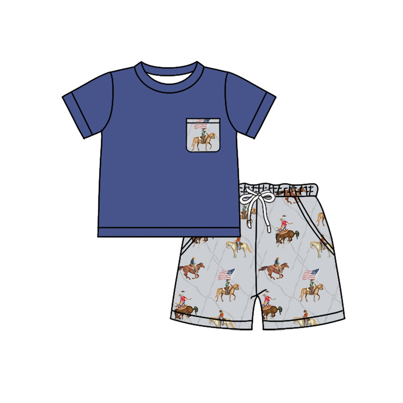 preorder BSSO1498 Western July 4th flag rodeo navy blue pocket short sleeve grey shorts boys set