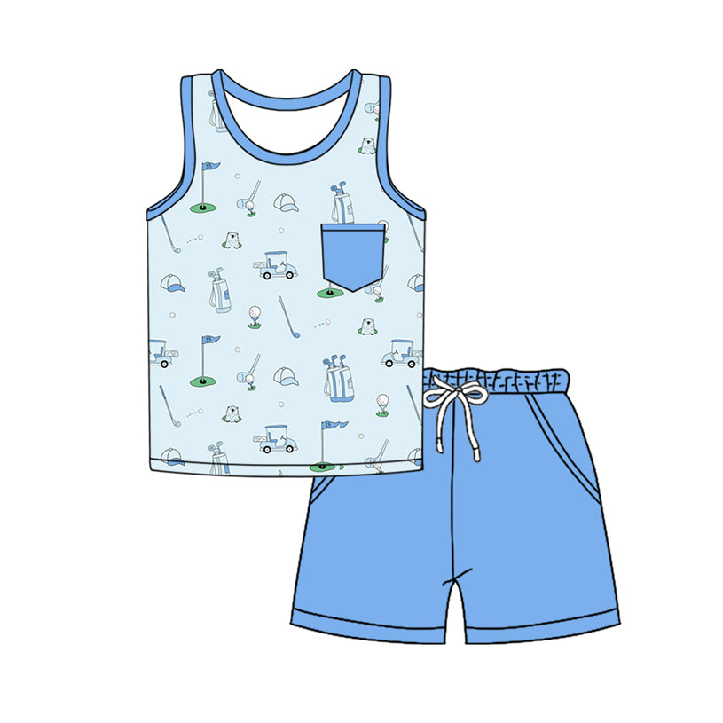 preorder BSSO1500 cute golf pocket sleeveless blue shorts boys set