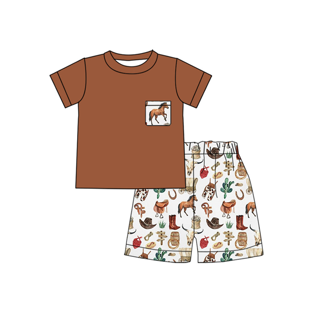 preorder BSSO1501 Western pocket brown short sleeve horse boot shorts boys set