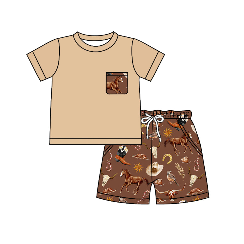 preorder BSSO1502 Western pocket khaki short sleeve cow horse brown shorts boys set