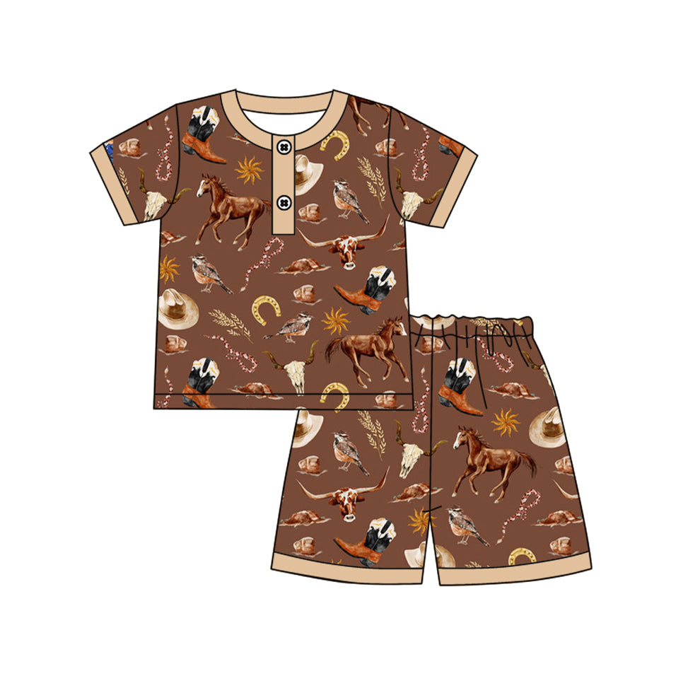 preorder BSSO1503 Western cow horse brown short sleeve shorts boys pajamas