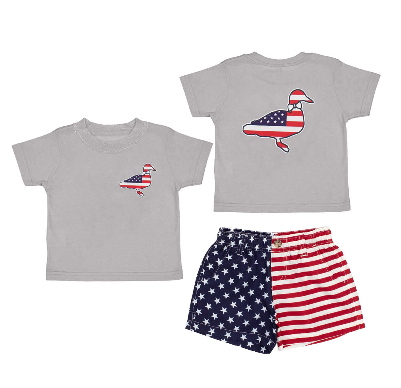preorder BSSO1505 July 4th flag mallard duck grey short sleeve star striped shorts boys set