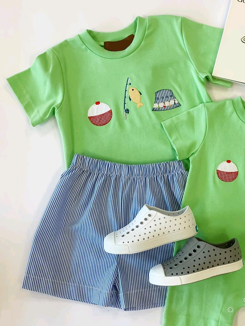 preorder BSSO1508 fishing hat green short sleeve blue striped shorts boys set