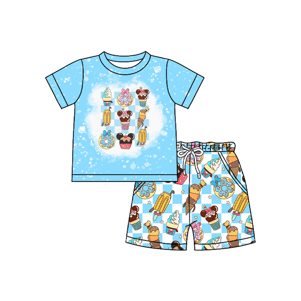 preorder BSSO1509 cartoon M ice blue short sleeve checkered shorts boys set