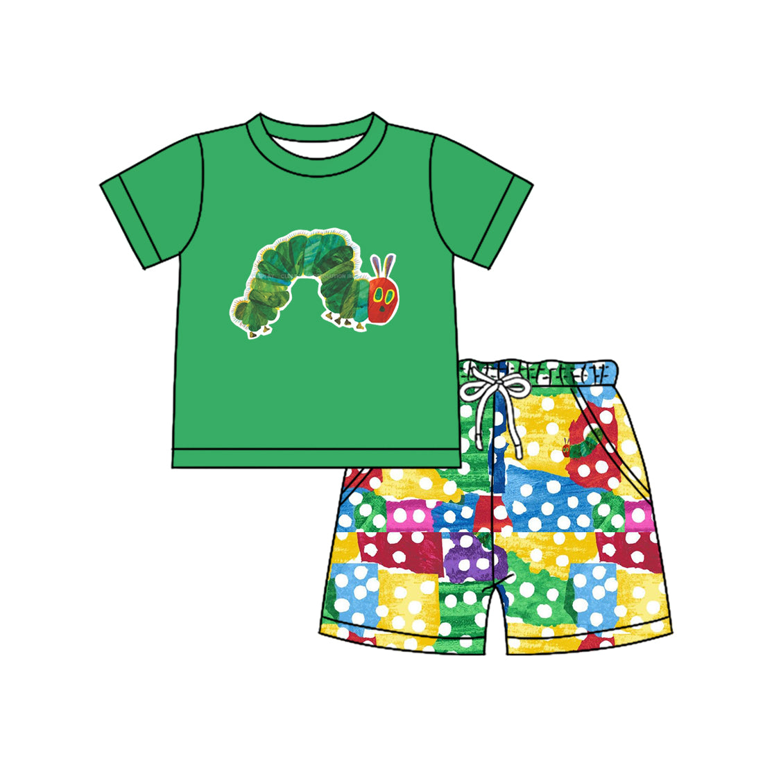 preorder BSSO1510 cartoon caterpillar green short sleeve colorful dot shorts boys set