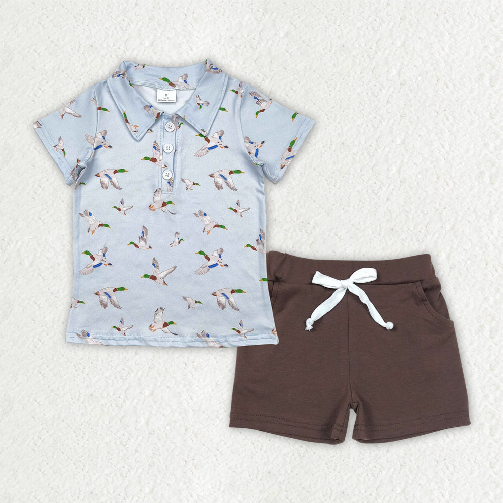 BSSO1524 hunting mallard duck short sleeve brown shorts boys set