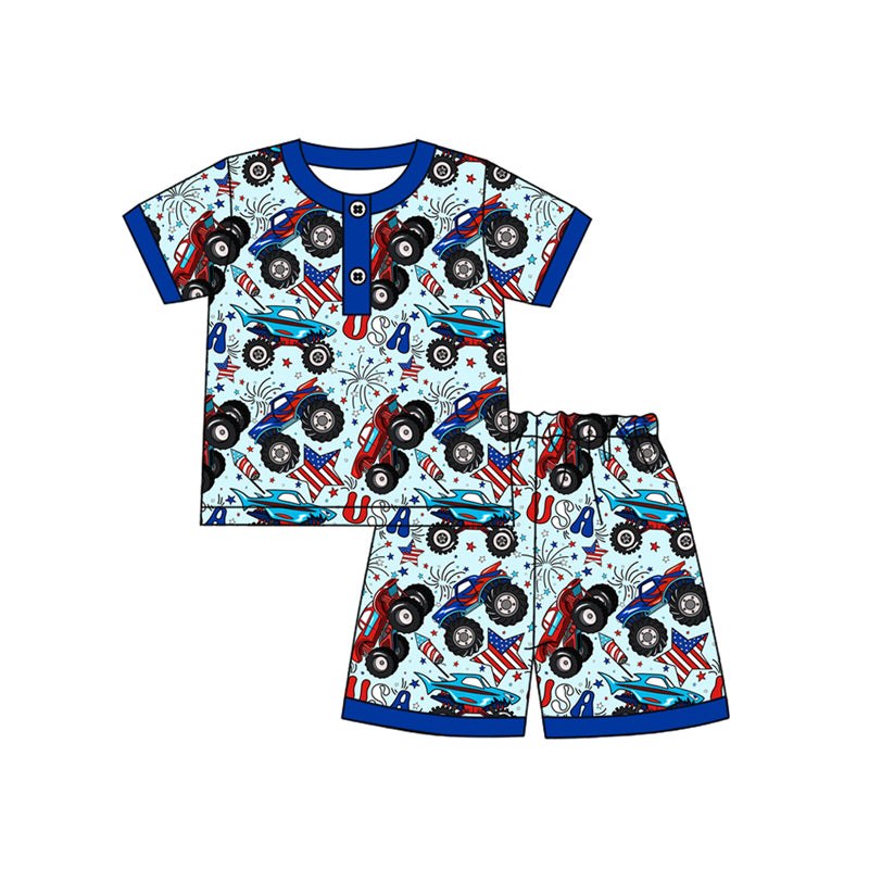 preorder BSSO1525 July 4th off-road vehicle star firework blue short sleeve shorts boys pajamas