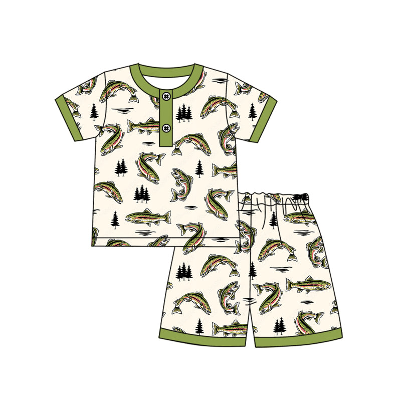 preorder BSSO1528 cartoon fishing green short sleeve shorts boys set