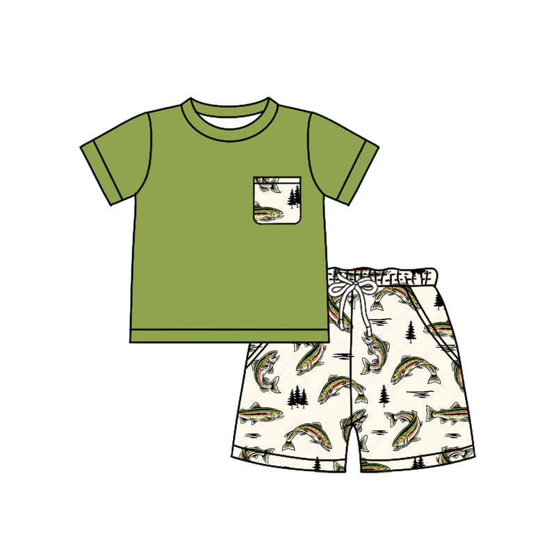 preorder BSSO1529 green pocket short sleeve fishing shorts boys set