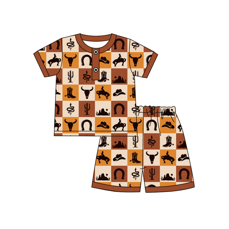 preorder BSSO1530 Western rodeo cow brown checkered short sleeve shorts boys set